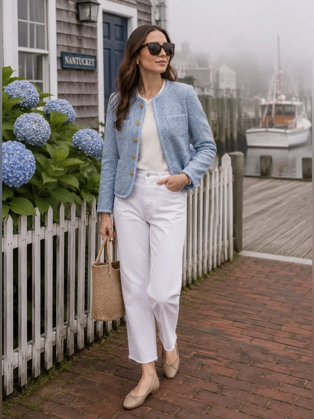 GOELIA Blue White Jacquard Tweed Jacket Sz XL Gold Button Cropped Bouclé Blazer - Picture 3 of 16